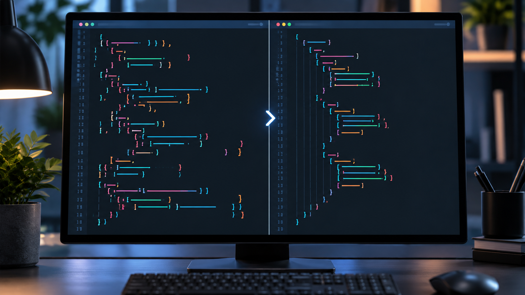 مقارنة بين بنية JSON خاطئة وأخرى مصححة