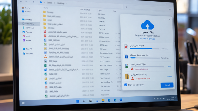 ملفات بأسماء عربية أو مختلطة أثناء محاولة رفعها أو مشاركتها