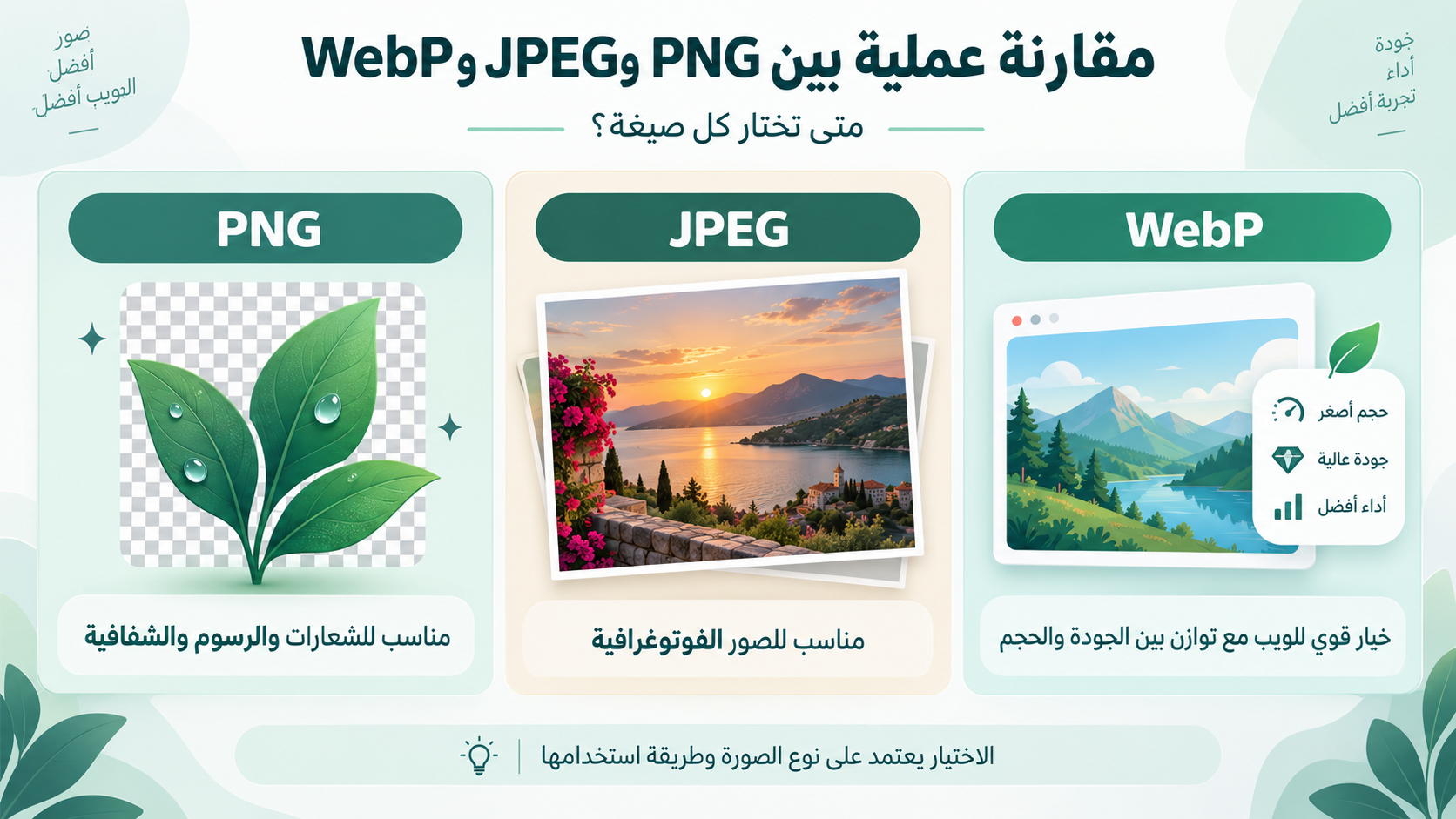 مقارنة عملية بين صيغ PNG وJPEG وWebP واستخدام كل صيغة للويب